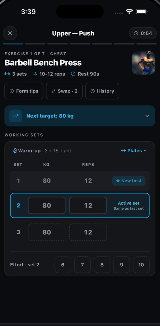 Logging a set, with the previous session's numbers shown for reference.
