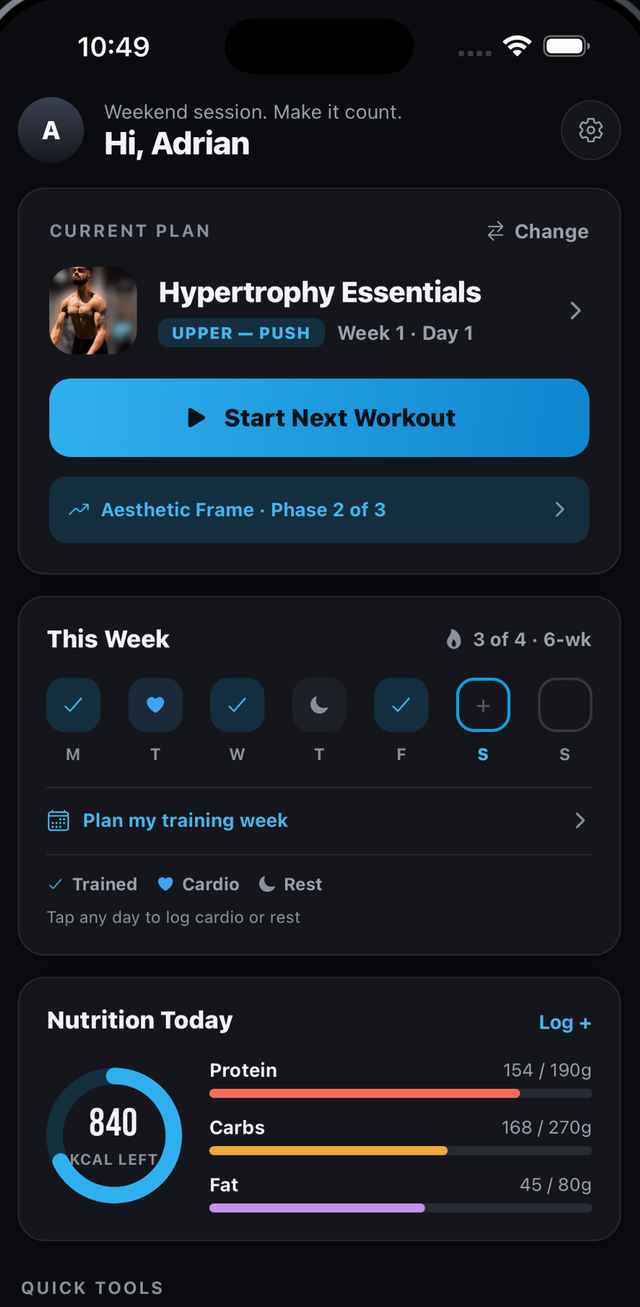 App home screen showing today's training and nutrition.